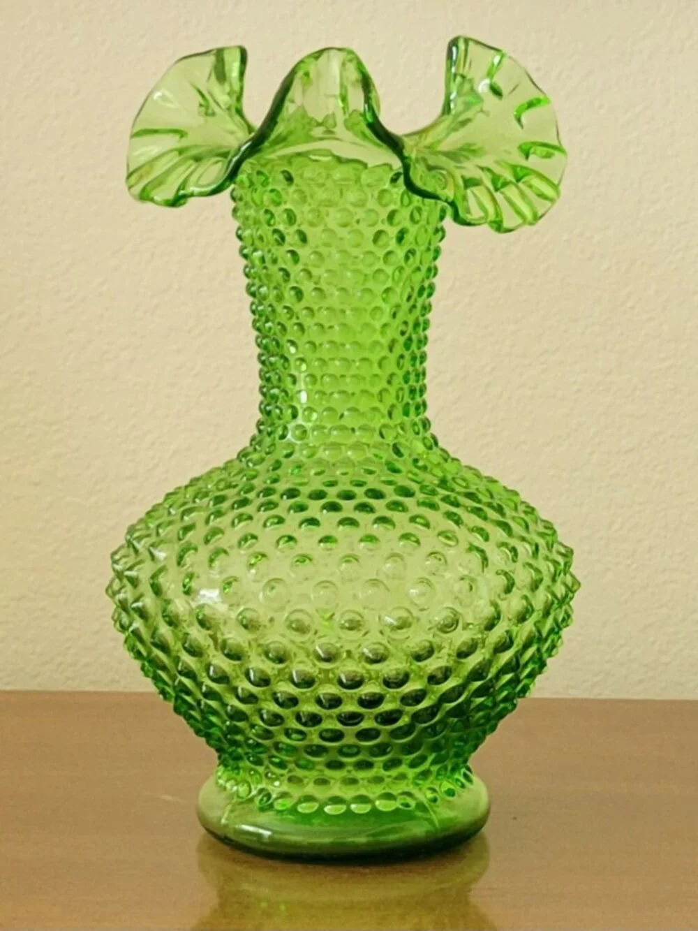 Vintage Fenton Green Hobnail Ruffled Vase 11” Art Glass Signed USA